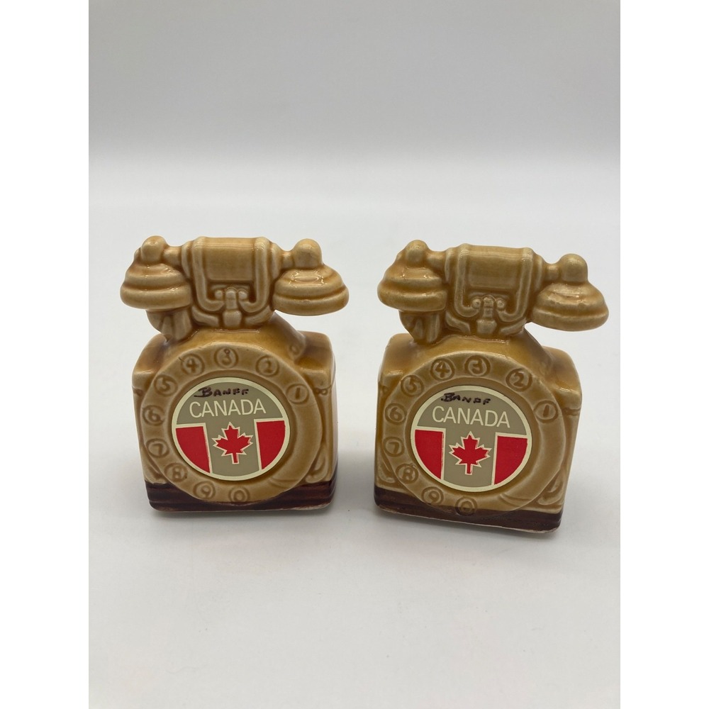 Vintage Banff Canada Rotary Telephone Salt Pepper Shakers Ceramic Japan Souvenir